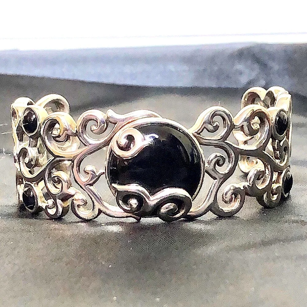 BARSE Black Onyx Cabochon Sterling Silver Scroll Filigree Cuff Bracelet MINT